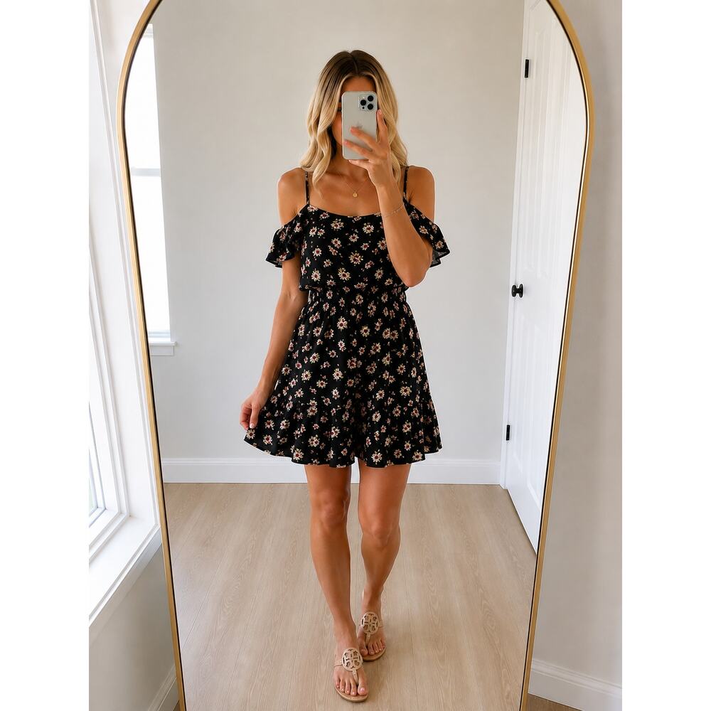 Mimi Chica 🌿Black Floral Off Shoulder Mini Dress Women Medium Cottagecore